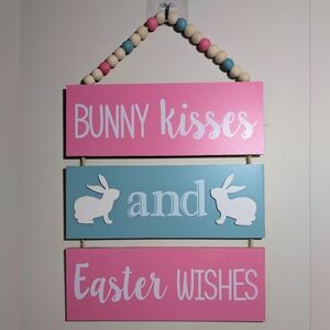 Pink & Blue Easter Bunny Wood Sign Beaded Garland Wall Art